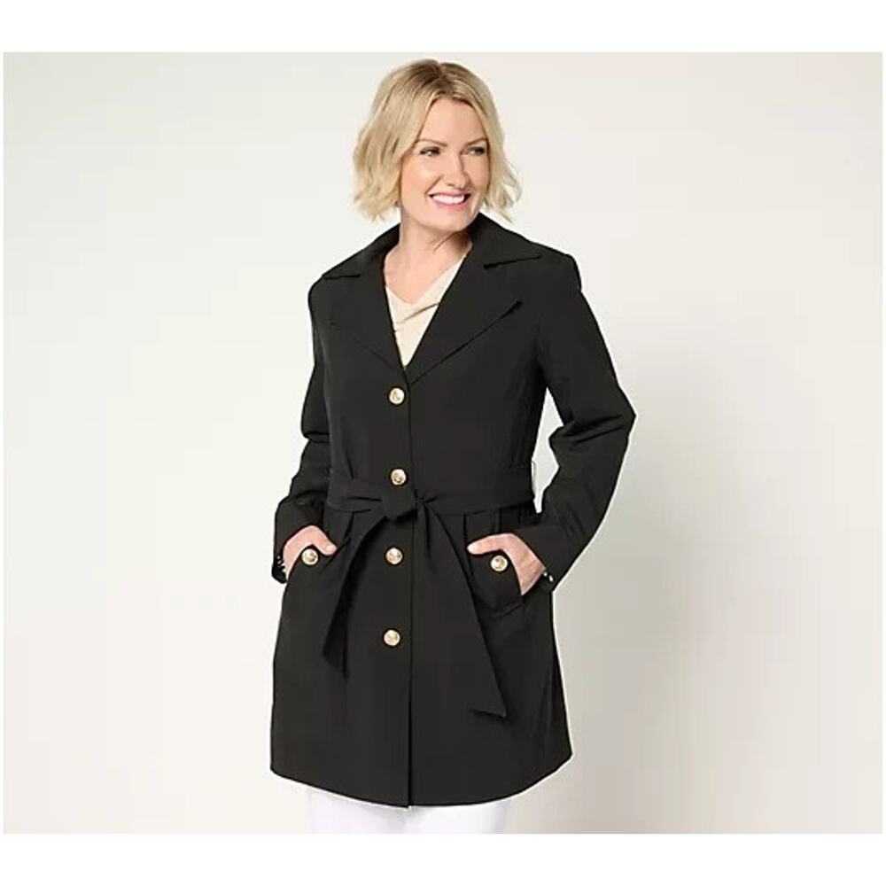 Dennis Basso Water Resistant Trench Coat with Hood Black Petite Large A679224
